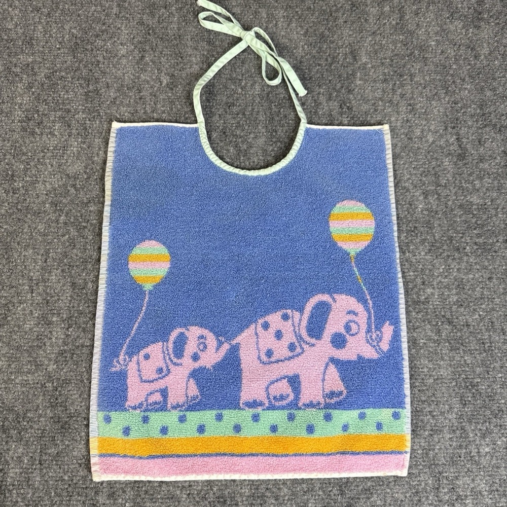 Vintage De Witte Lietaer Baby Bib Terry Tie Back Elephants Pastel Belgium